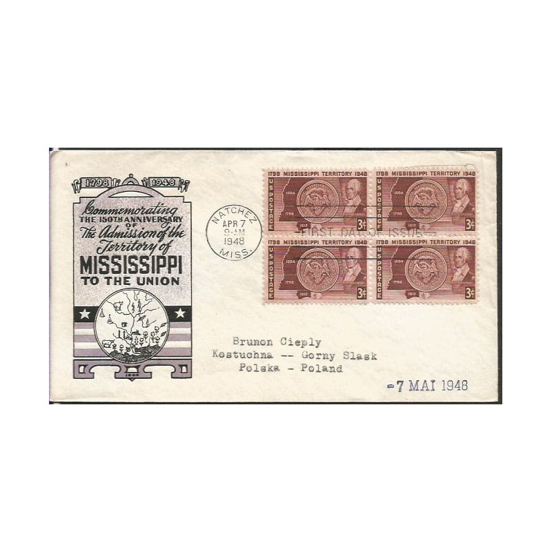 USA 1948, Stan Mississippi. FDC z obiegu do Polski