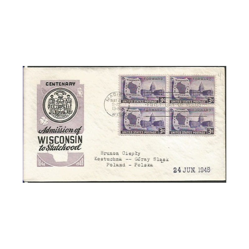 USA 1948, Stan Wisconsin. FDC z obiegu do Polski