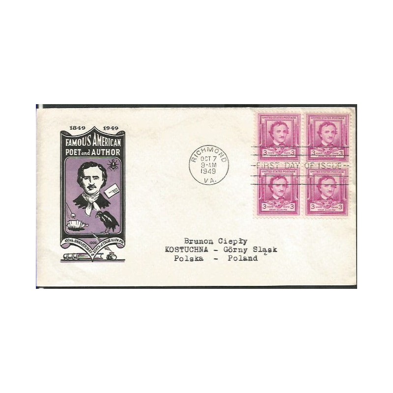 USA 1949, E. A. Poe, literatura. FDC z obiegu do Polski