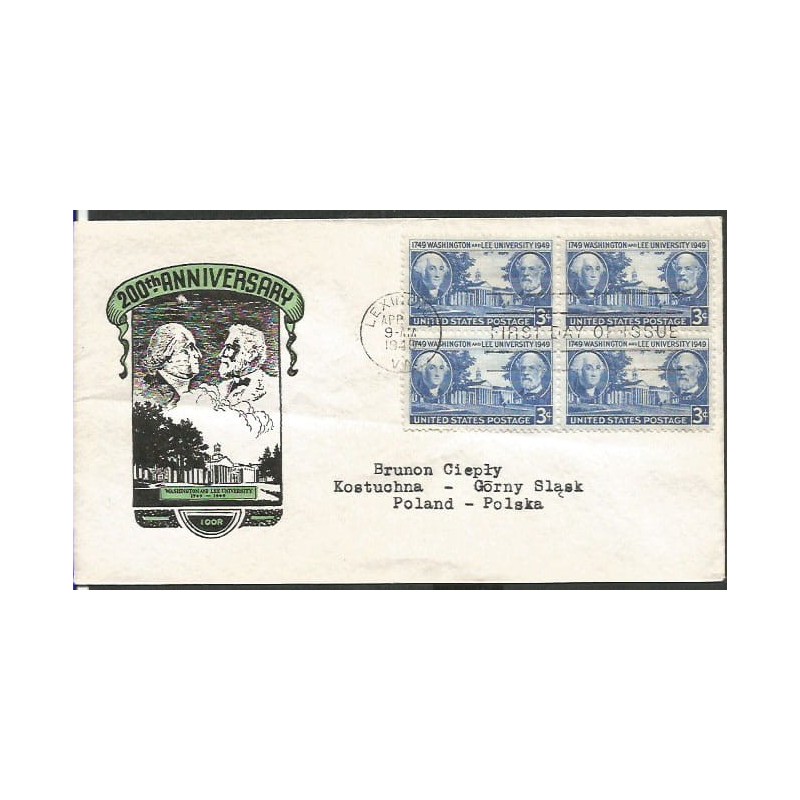 USA 1949, Uniwersytet Waschington. FDC z obiegu do Polski