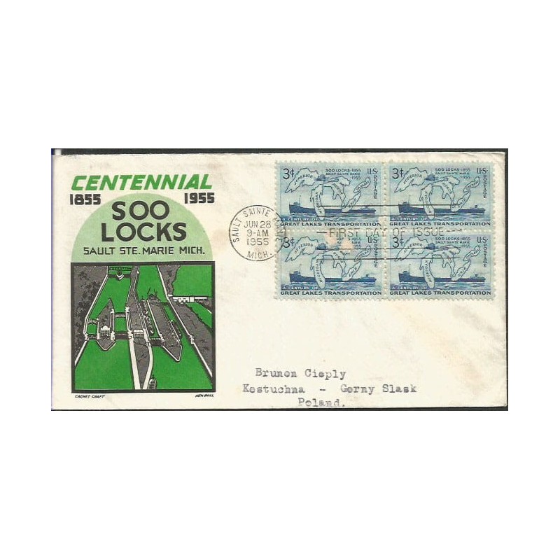 USA 1955, Żegluga na jeziorach, śluza. FDC z obiegu do Polski