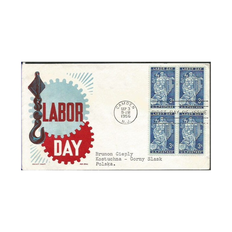 USA 1956, Praca, dzień pracy. FDC z obiegu do Polski