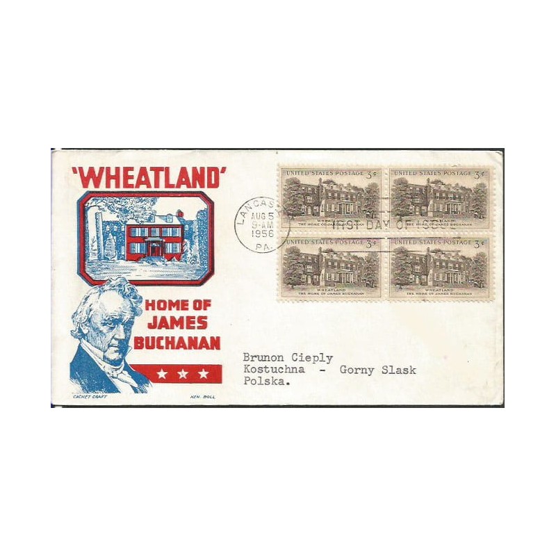 USA 1956, Prezydent Buchanan, rezydencja. FDC z obiegu do Polski