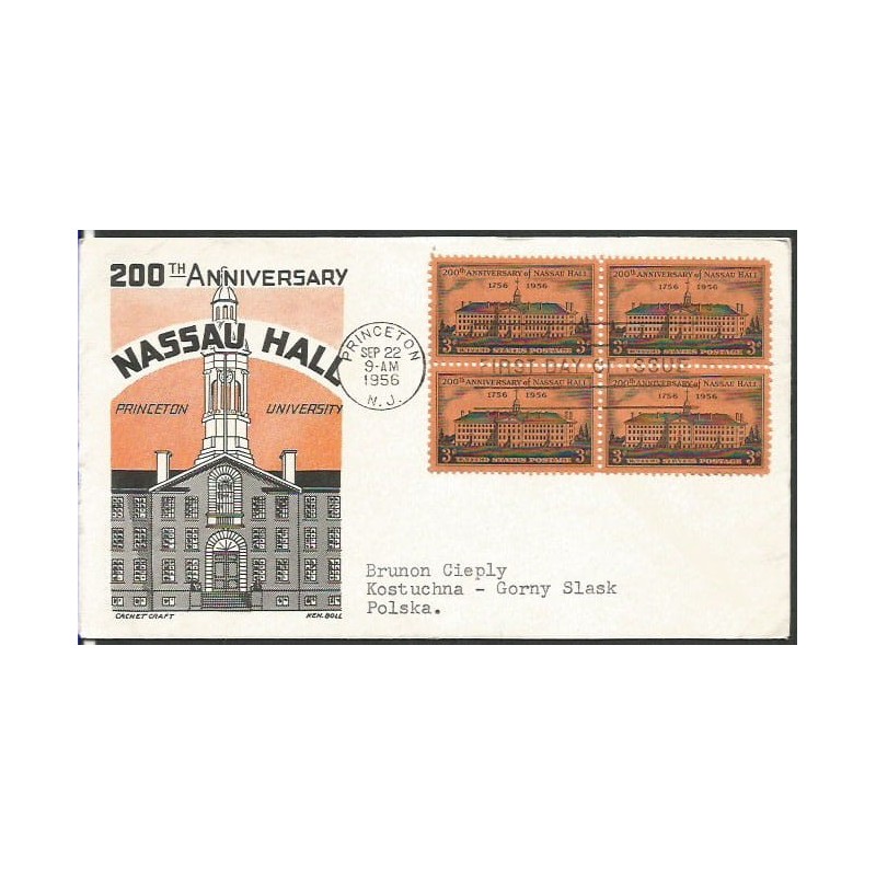 USA 1956, Uniwersytet Princeton. FDC z obiegu do Polski