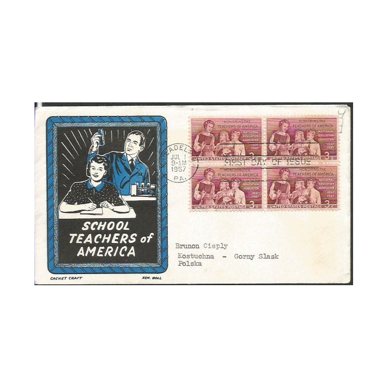 USA 1957, Nauczyciele, edukacja. FDC z obiegu do Polski