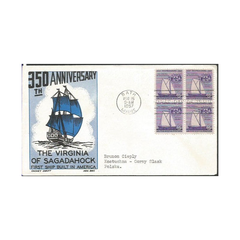 USA 1957, Statek, stocznia, pierwszy zbudowany statek w USA. FDC z obiegu do Polski