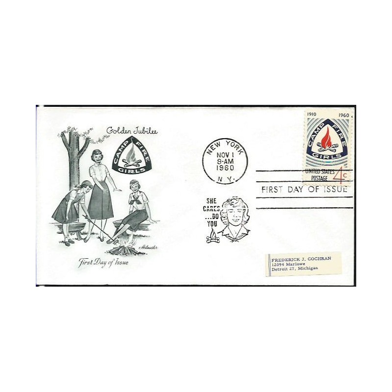 USA 1960, Harcerstwo dziewcząt, ognisko, 50 lat. FDC