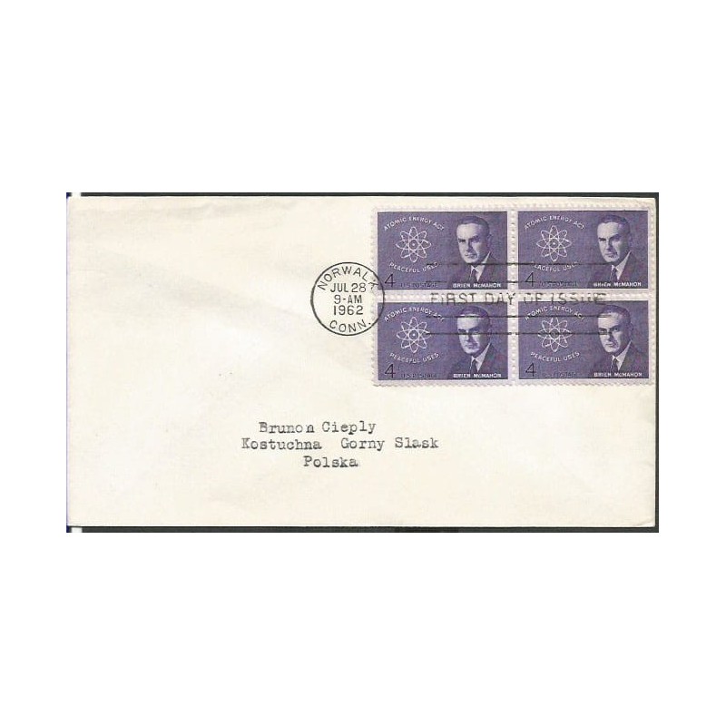USA 1962, Atom, fizyka. FDC z obiegu do Polski