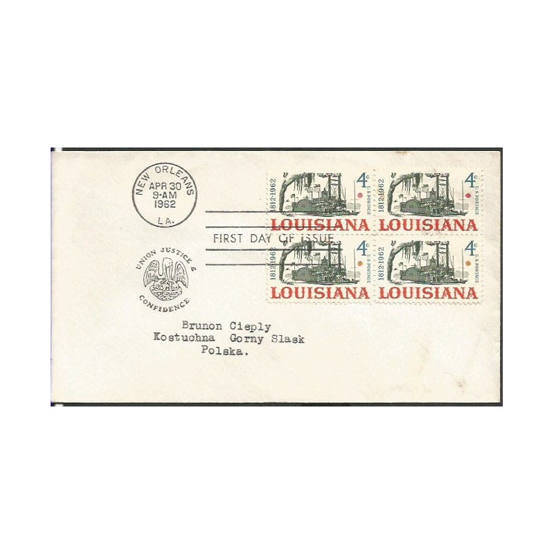 USA 1962, Luizjana, 150 lat. FDC z obiegu do Polski