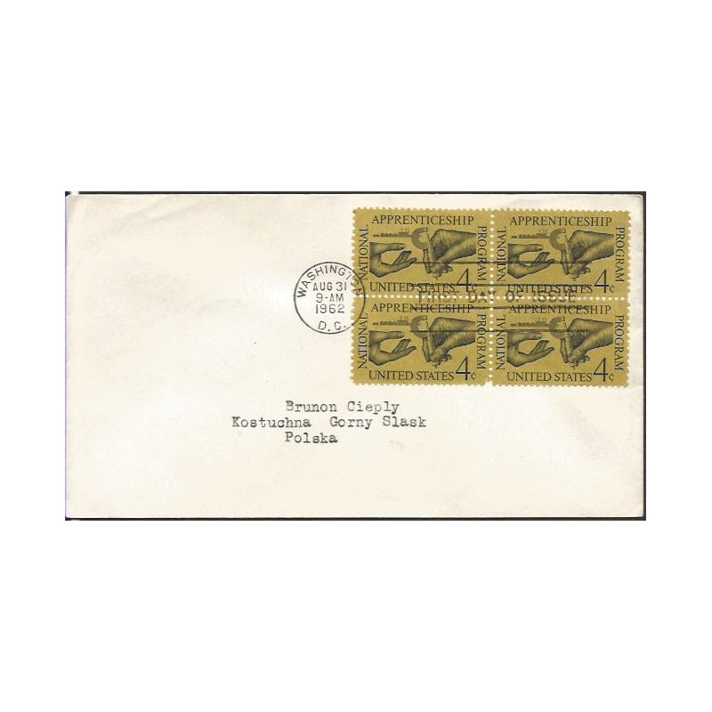 USA 1962, Praktyki zawodowe, praca. FDC z obiegu do Polski