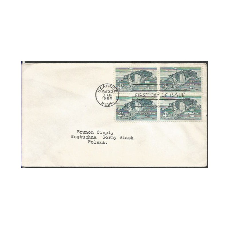 USA 1962, Rolnictwo, gospodarstwo. FDC z obiegu do Polski