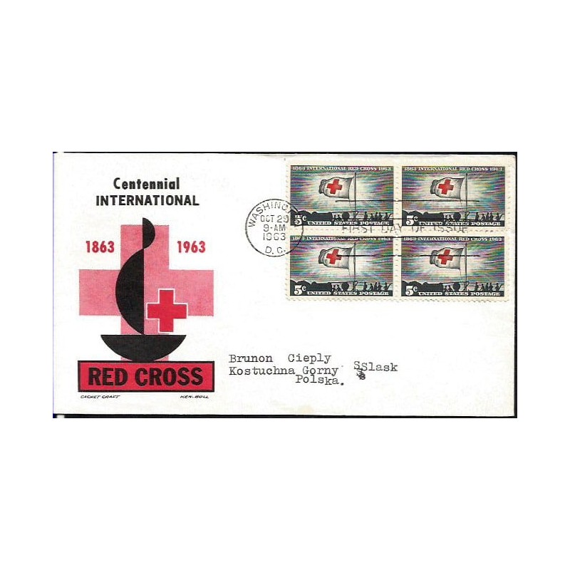 USA 1963, Czerwony Krzyż. FDC z obiegu do Polski