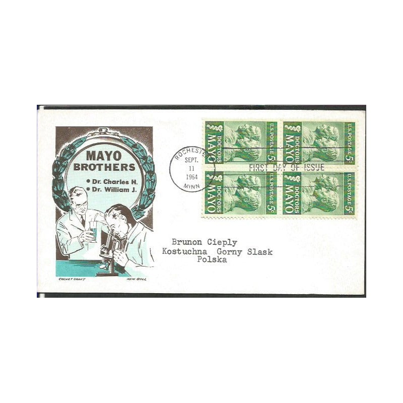 USA 1964, Bracia Mayo, medycyna. FDC z obiegu do Polski