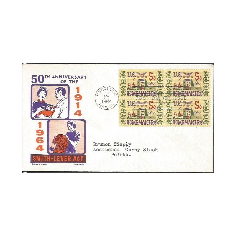 USA 1964, Rękodzieło. FDC z obiegu do Polski