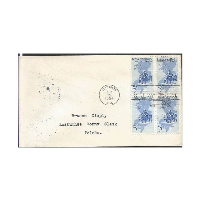 USA 1964, Stan New Jersey, osadnictwo. FDC z obiegu do Polski