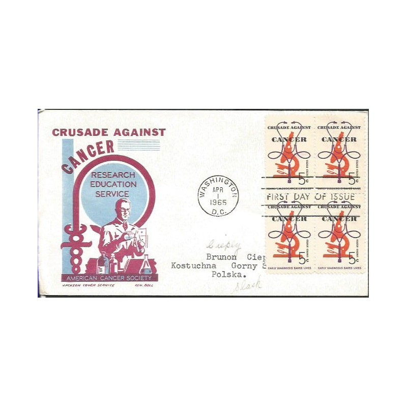 USA 1965, Medycyna, rak. FDC z obiegu do Polski