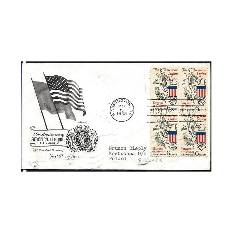 USA 1969, American Legion, wojsko, weterani. FDC z obiegu do Polski