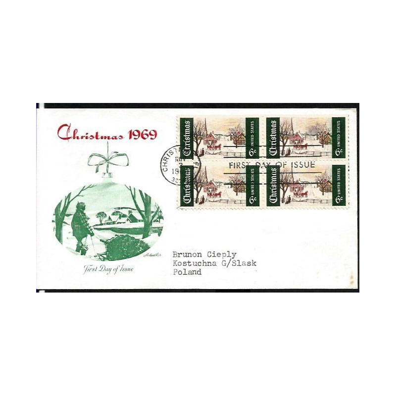 USA 1969, Boże Narodzenie. FDC z obiegu do Polski