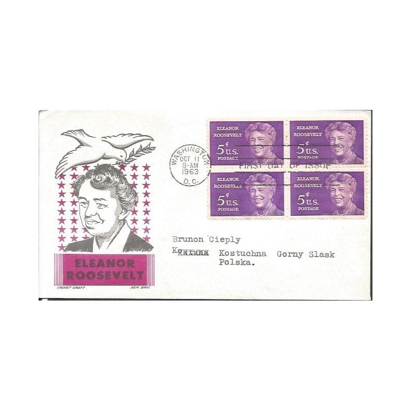 USA 1969, E. Roosevelt. FDC z obiegu do Polski
