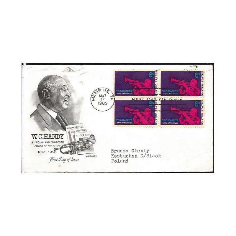 USA 1969, Jazz, muzyka, W.C. Handy. FDC z obiegu do Polski