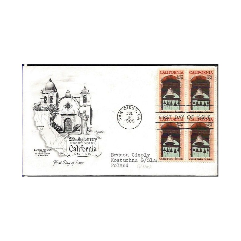 USA 1969, Kalifornia, osadnictwo. FDC z obiegu do Polski
