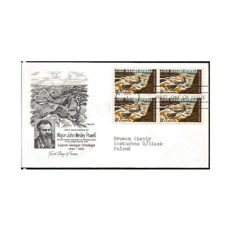USA 1969, Spływ, kajak, J. W. Powell, geologia. FDC z obiegu do Polski