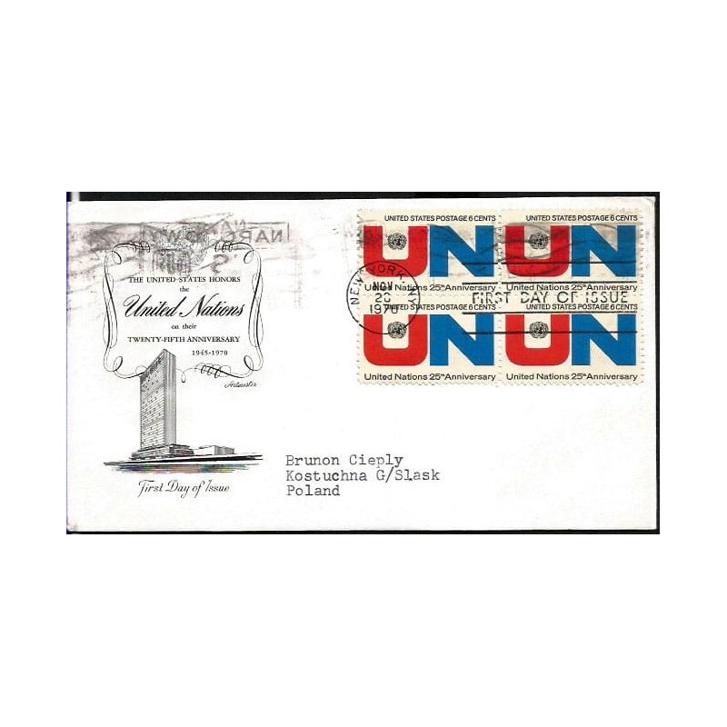 USA 1970, ONZ. FDC z obiegu do Polski