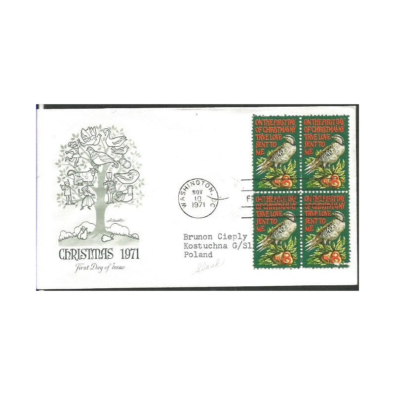 USA 1971, Boże Narodzenie. FDC z obiegu do Polski