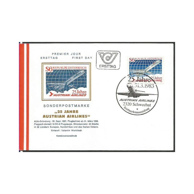 Austria 1983, Lotnictwo, linie lotnicze, samolot. FDC