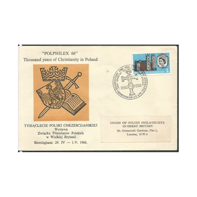 Wielka Brytania 1966, Chrzest Polski. Birmingham, ilustrowana koperta