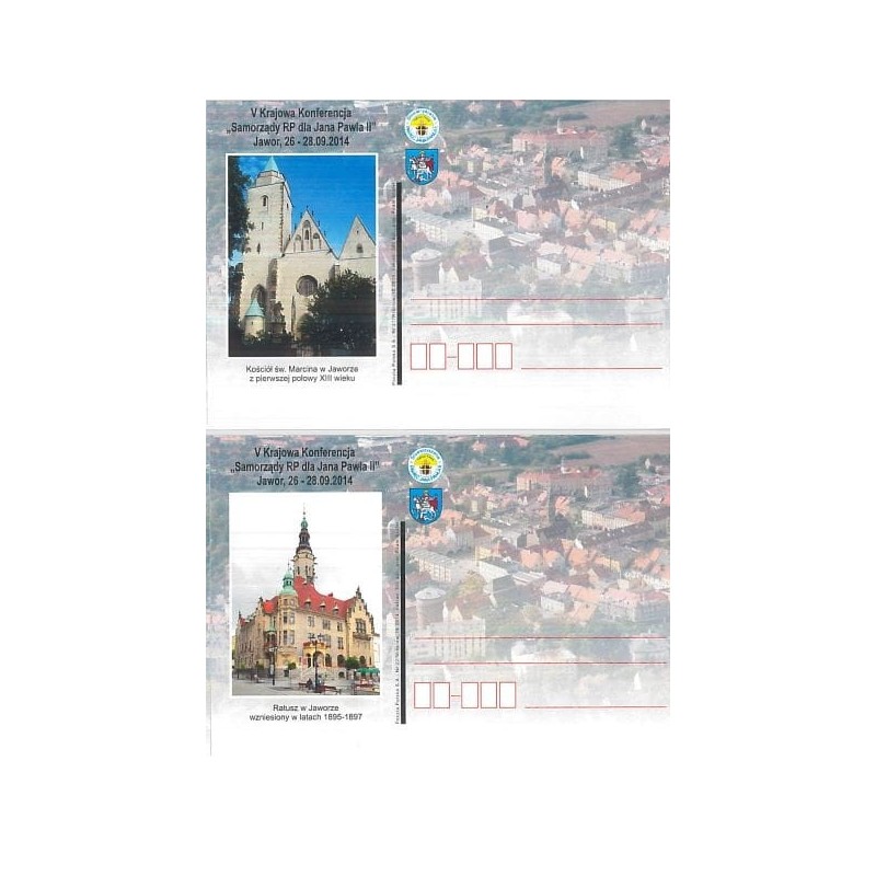 Kartka Wrocław 2014, Papież Jan Paweł II, Jawor, ratusz, kościół, konferencja, samorządy. 2 kartki