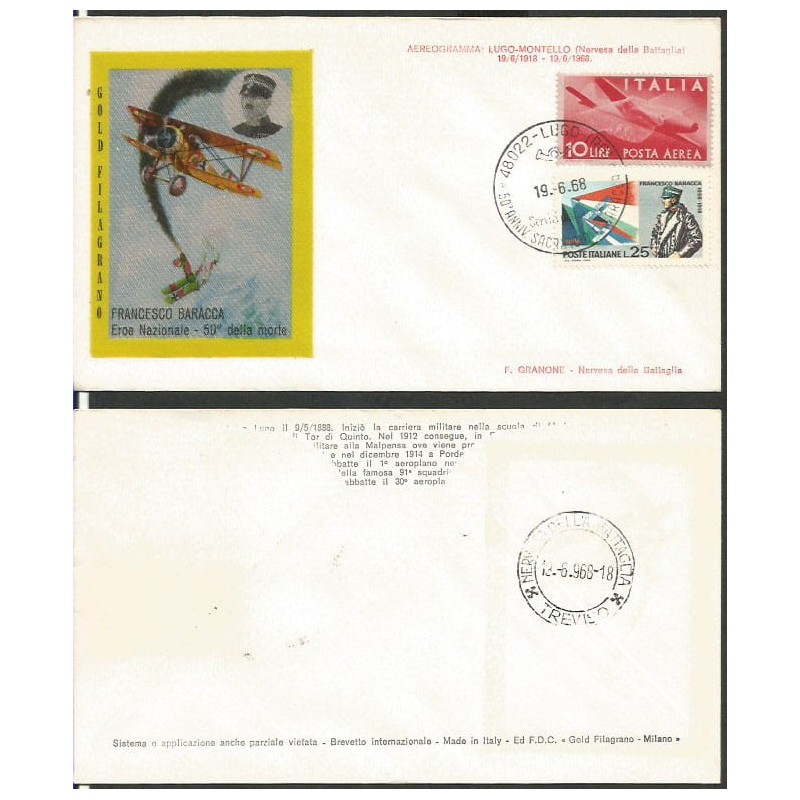 Włochy 1968, Francesco Baracca, lotnictwo, I wojna. FDC - poczta lotnicza
