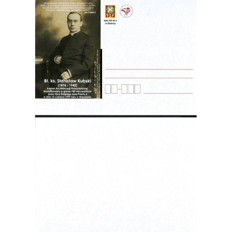 Kartka Oleśnica 2022, Bł. S. Kubski, Gniezno, Papież Jan Paweł II. Wyd. PZF