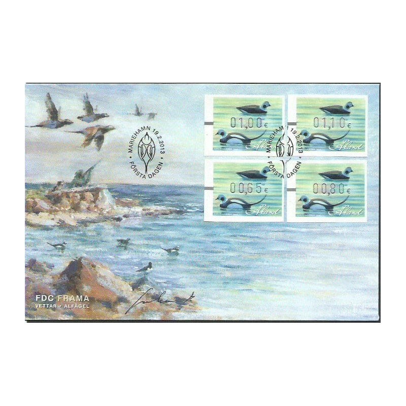 Wyspy Alandzkie 2013, Ptak: kaczka lodówka. FDC z autografem projektanta