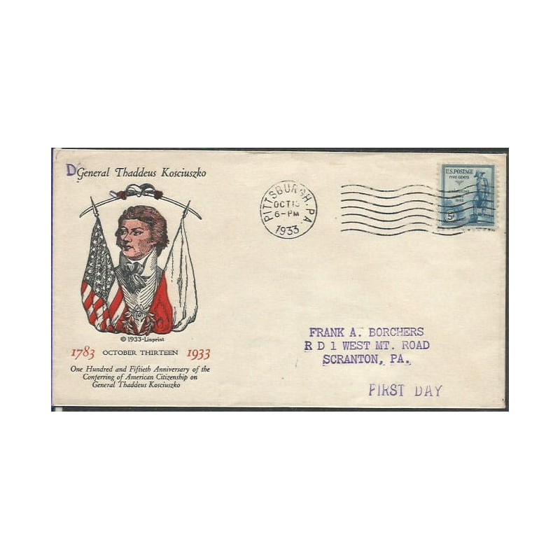 USA 1933, Tadeusz Kościuszko. FDC