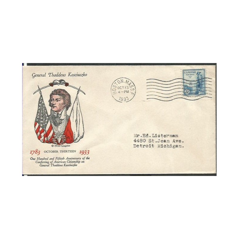 USA 1933, Tadeusz Kościuszko. FDC