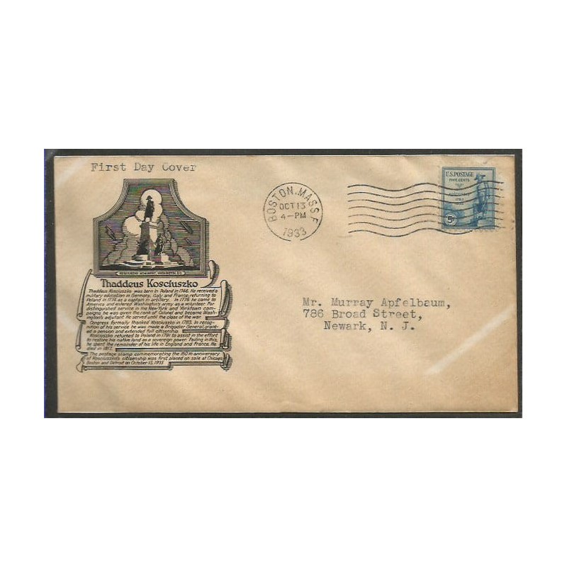 USA 1933, Tadeusz Kościuszko. FDC