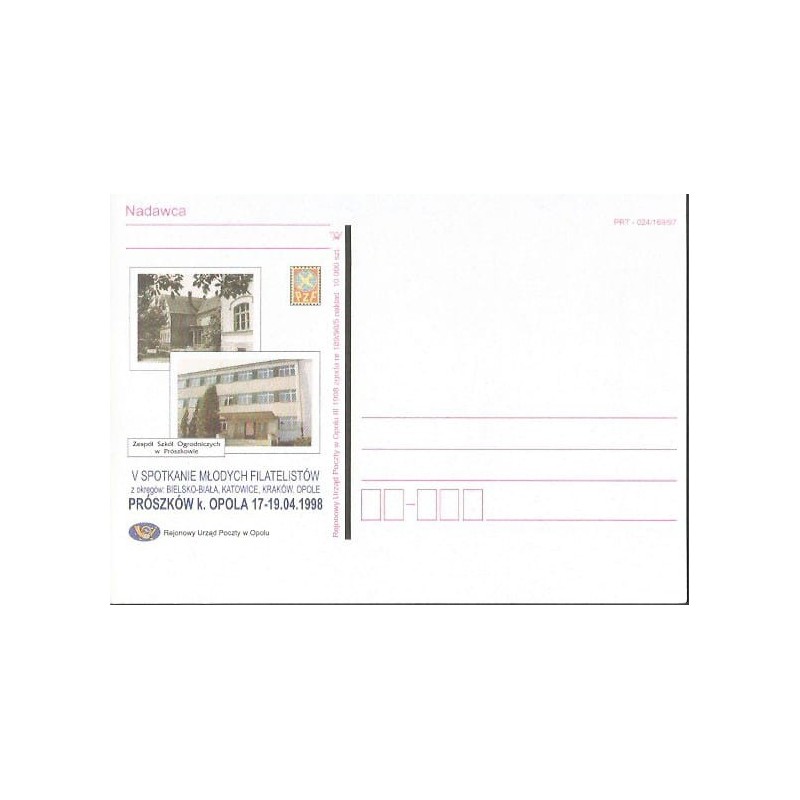 Kartka Opole 1998, Prószków, szkoła, filateliści, Bielsko-Biała, Katowice, Kraków