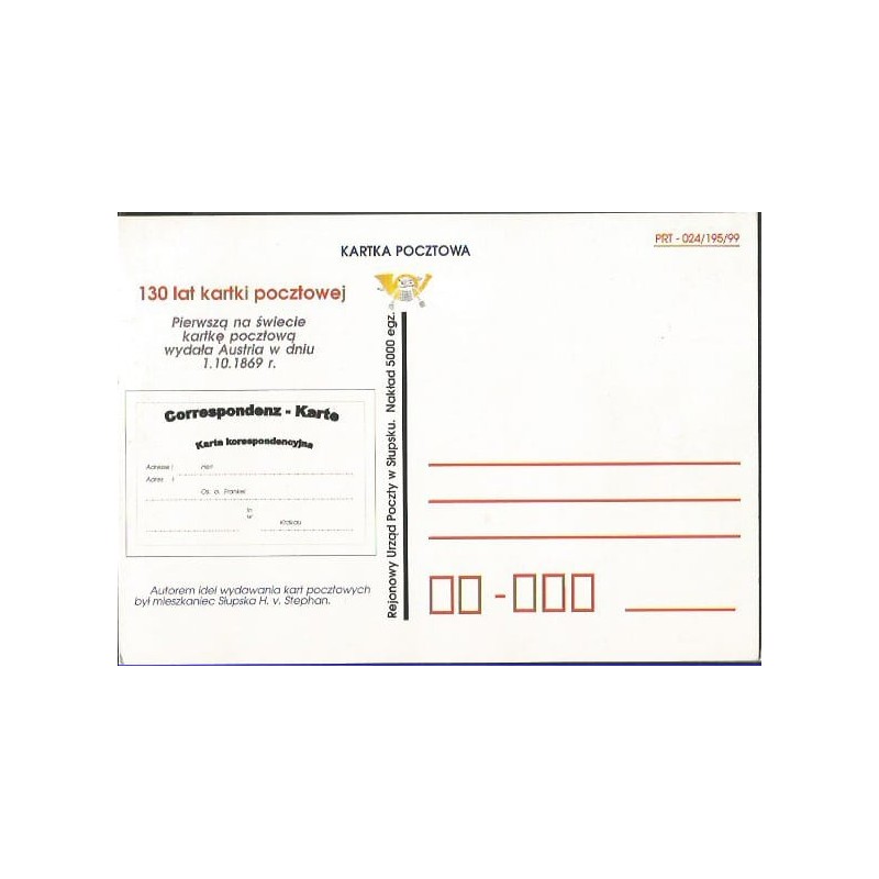 Kartka Słupsk 1999, 130 lat kartki pocztowej, H. von Stephan