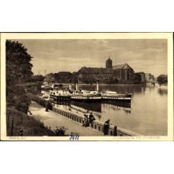 Wrocław, Wyspa Piasek, statki, przystań, żegluga rzeczna. Obieg 1918