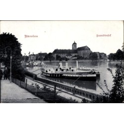 Wrocław, Wyspa Piasek, statki, przystań, żegluga rzeczna. Obieg 1918