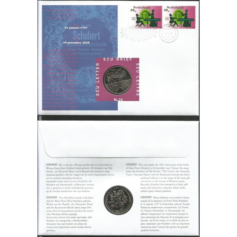 Holandia 1997, Muzyka. F. Schubert. FDC z monetą