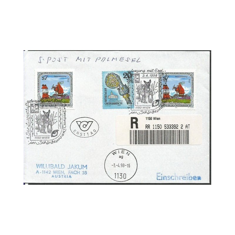 Austria 1998, Osioł, poczta ośla, osiołek, Wielkanoc. Wiedeń, polecony
