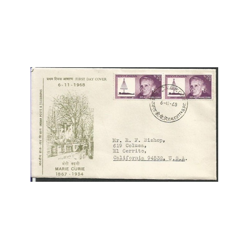 Indie 1968, Maria Curie, Nobel. FDC Kalkuta, obieg