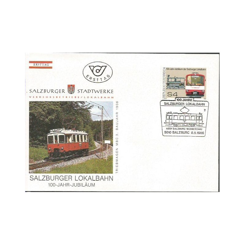Austria 1986, Kolej, 100-lecie kolei regionalnych w Salzburgu. FDC