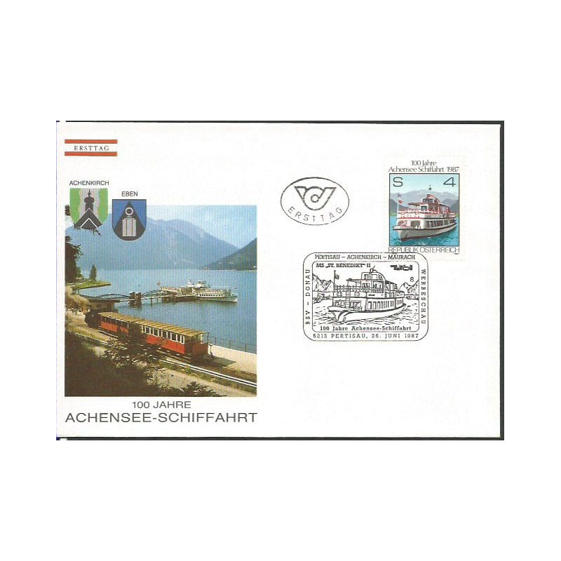 Austria 1987, Żegluga, statek, 100. rocznica żeglugi na jeziorze Achen. FDC