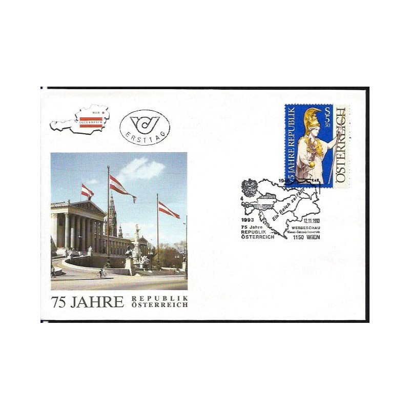 Austria 1993, 75. rocznica Republiki Austrii, mapa. FDC
