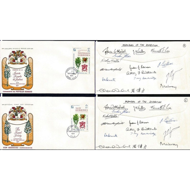 Nowe Hebrydy 1971, Drzewo araukaria, ekspedycja naukowa. 2 FDC ang. i fr., podpisy członków wyprawy