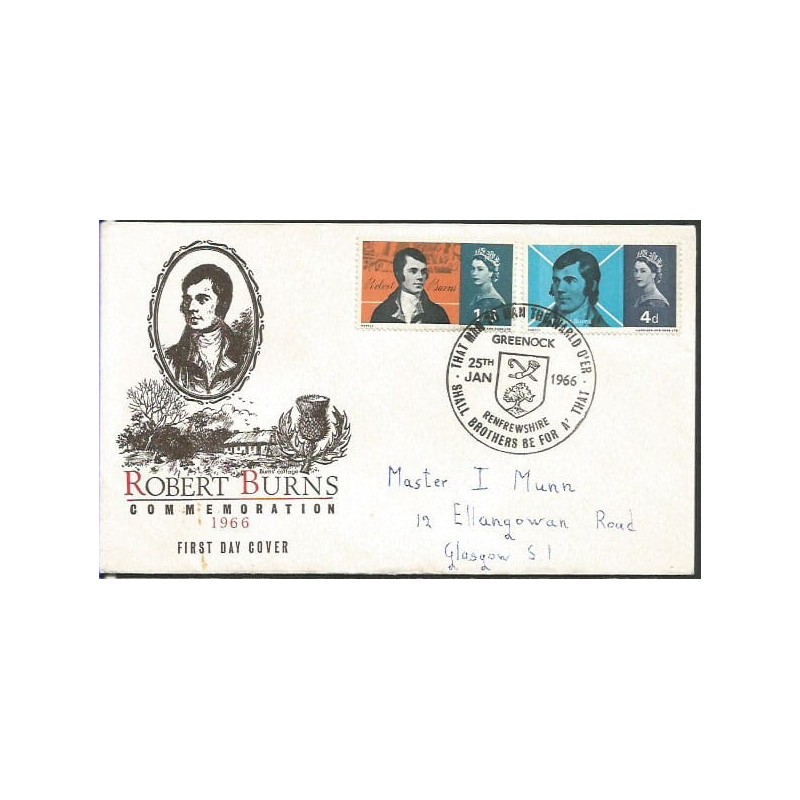 Wielka Brytania 1966, R. Burns, poezja, Szkocja. FDC