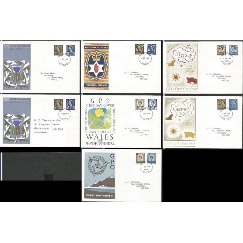 Wielka Brytania 1968, Królowa Elżbieta II. Komplet 7 FDC